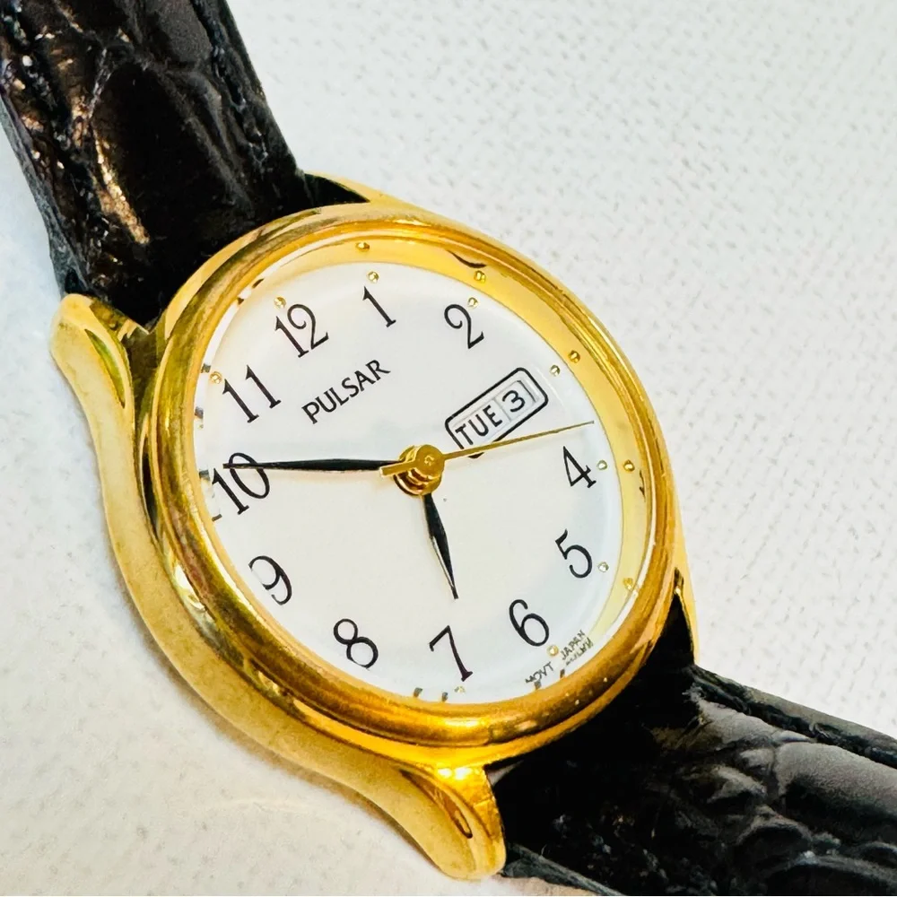Seiko Pulsar 24mm Women's Day/Date Watch Gold Black Croco Leather VX83-X002 - Picture 12 of 14